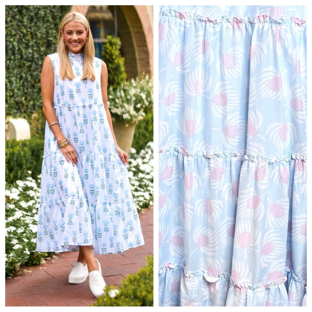 NWOT J Marie Lauren Midi Dress Small Ruffle Neck Tiered White Pink Blue